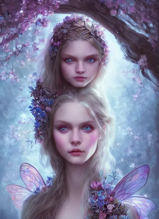 Image similar to portrait of a gorgeous fairy princess of the forest, perfect blue eyes, detailed iridescent floral pattern skin, 8k render, ultra realistic, cinematic lighting, artstation, artgerm, Seb McKinnon