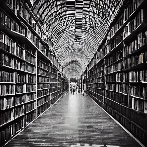 Prompt: “lost in a vast winding and overlapping labyrinth that is Powell’s City of Books. High arches platforms and catwalks are sunlit in this Creepy liminal photo. Hyperrealistic, benchmark resolution photo”