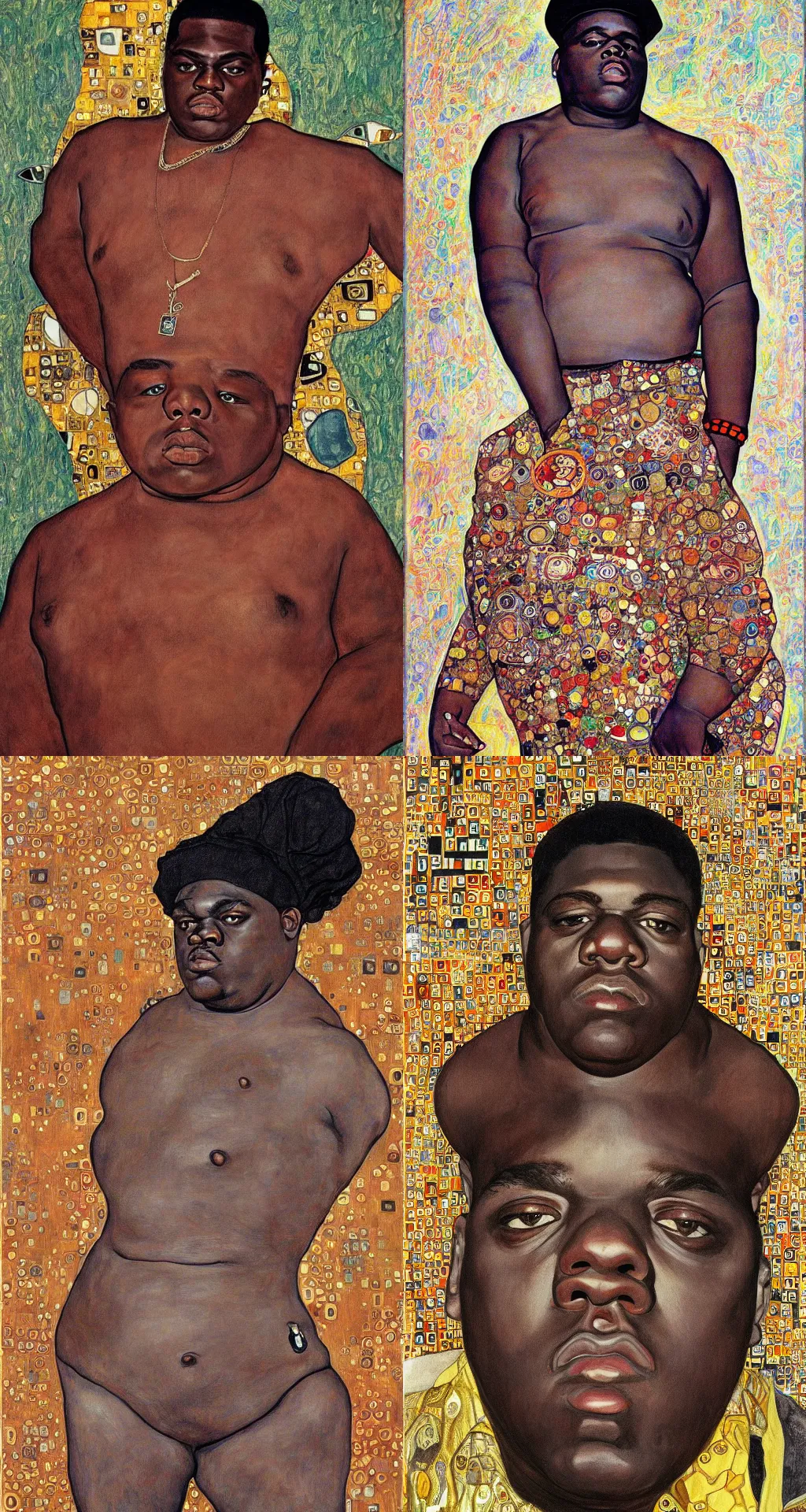 Prompt: a full body portrait of biggie smalls in style of egon schiele and gustav klimt, boho chic!!, masterpiece, hyperdetailed, complex, intricate, 4 k, trending on artstation