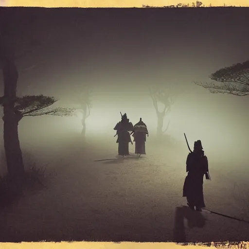 Image similar to a samurai walks with friends through the woods at night, gloomy, dark, foggy, night, ominous, dark color, atmospheric, cinematic lighting, intricate detail?