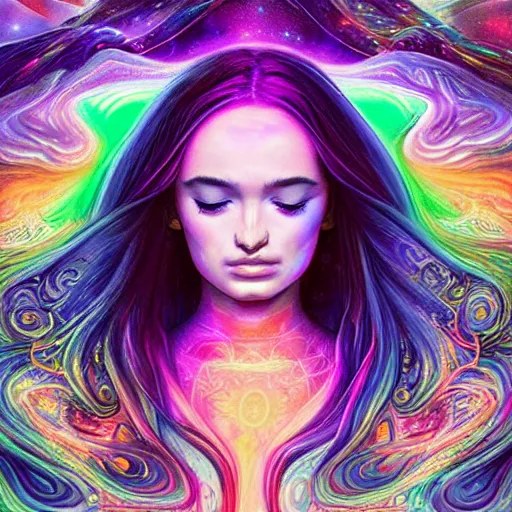 Image similar to a galaxy colored psychedelic chakra awakening kundalini ethereal portrait of kim petras with her eyes closed transcending to a higher plane of existence, eternal blessing, multiverse, by android jones, by ben ridgeway, visionary art, by artgerm, featured on artstation, cgsociety, by greg rutkowski