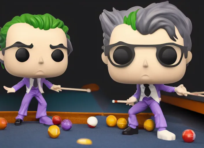 Image similar to full body 3 d render of the joker as a funko pop playing pool, studio lighting, white background, blender, trending on artstation, 8 k, highly detailed