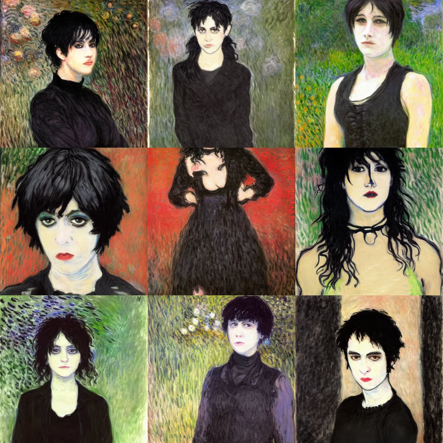 Prompt: an emo painted by claude monet. her hair is dark brown and cut into a short, messy pixie cut. she has large entirely - black evil eyes. she is wearing a black tank top, a black leather jacket, a black knee - length skirt, a black choker, and black leather boots.