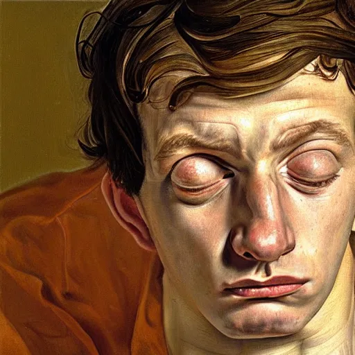 Image similar to high quality high detail painting by lucian freud, hd, portrait of a stressed boy, worried, sad, photorealistic lighting