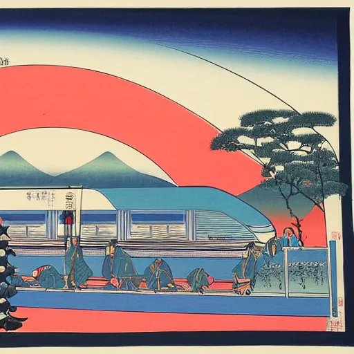 Prompt: high speed train in india against a giant rising sun, ukiyo - e style, lithograph, textile print