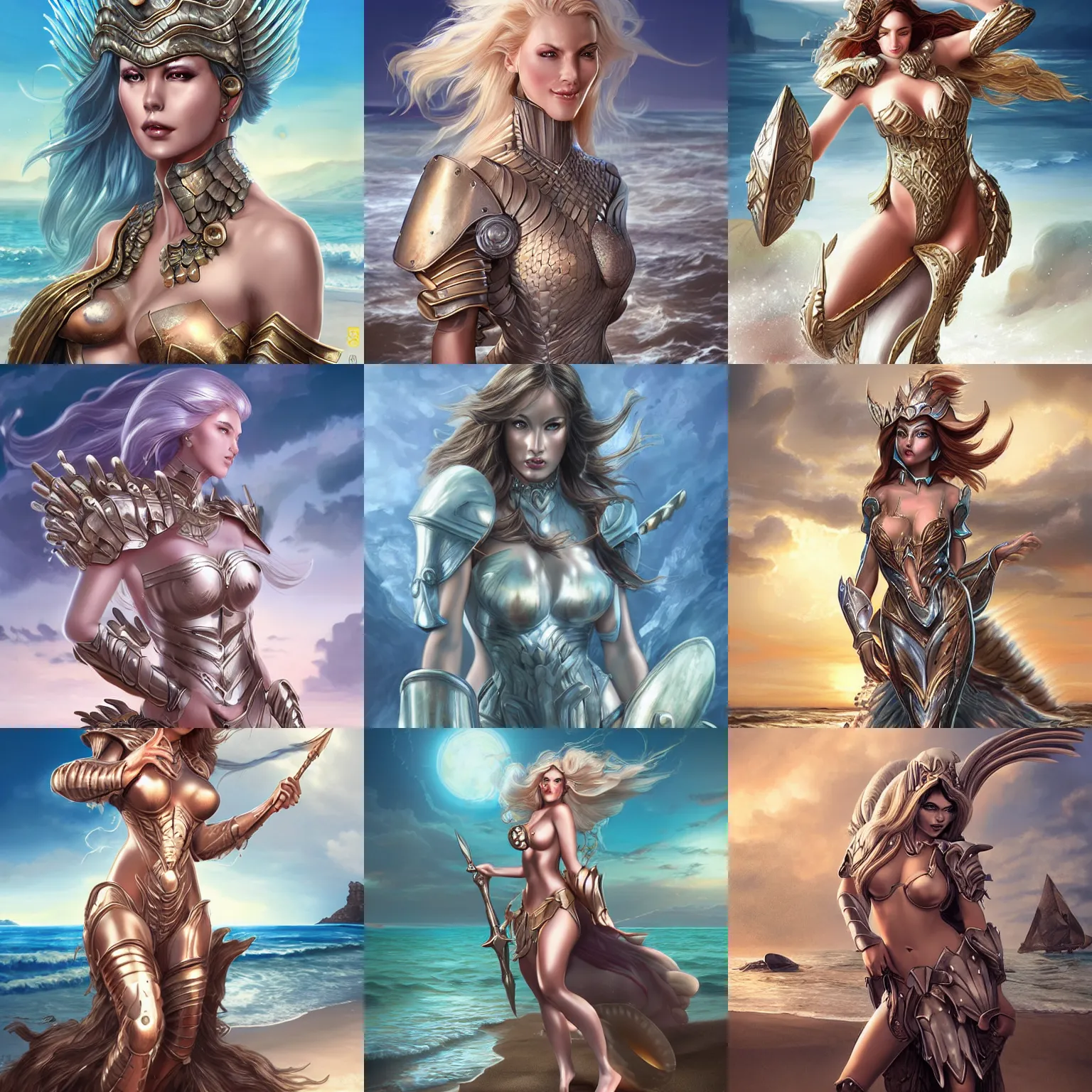 Prompt: fantasy woman with armor covered in shells emerging from the sea, by Artgerm, medium shot