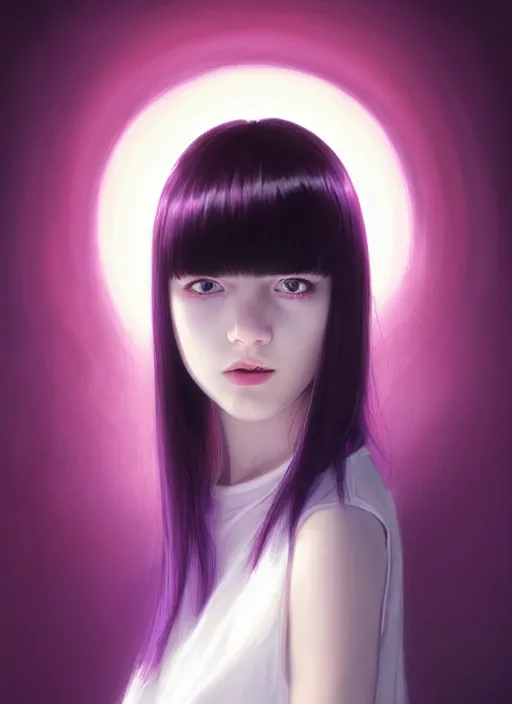 Image similar to portrait of teenage girl with white bangs, red irises, black hair, purple clothes, white bangs, bangs are different color from hair, intricate, front of hair is white rest is black, elegant, glowing lights, highly detailed, digital painting, artstation, concept art, smooth, sharp focus, illustration, art by wlop, mars ravelo and greg rutkowski