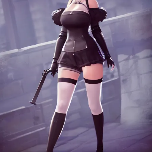 Image similar to 2B from nier automata wearing short clothes , 4k, unreal engine render, trending in artstation, artstationHD, artstationHQ