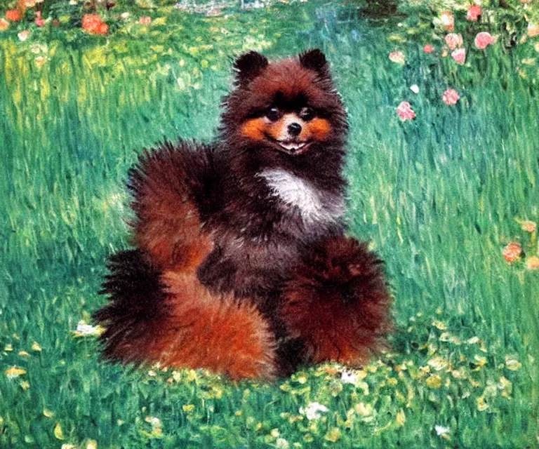 Prompt: brown and black pomeranian, cute, monet, oil painting