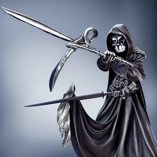 Image similar to grim reaper holding a fantast jewel encrusted scythe, highly detailed, 4k, HDR, smooth, sharp focus, hyper realistic, high resolution