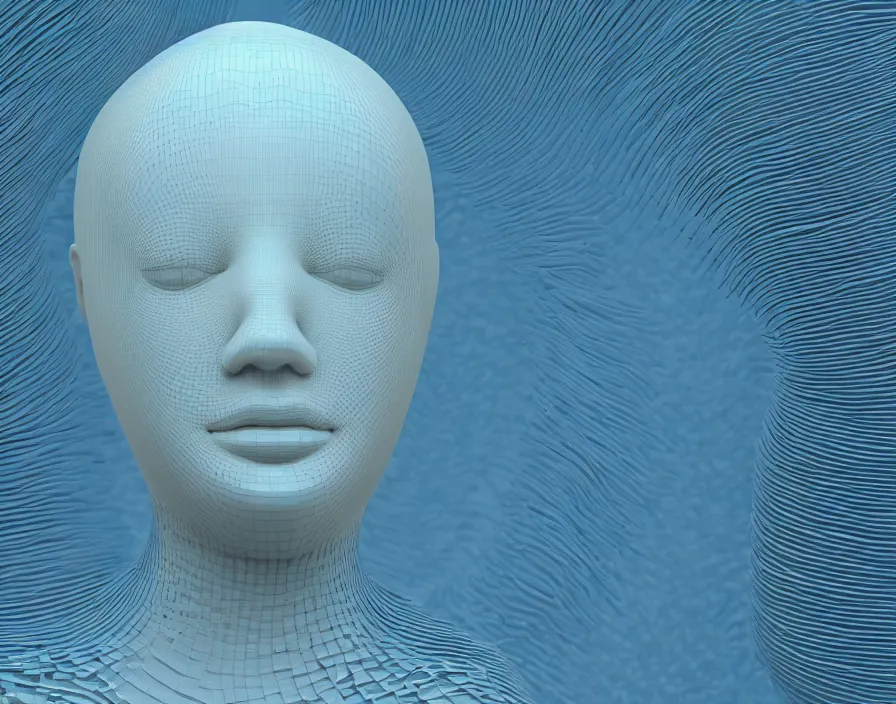 Prompt: cross section of mannequin head, among humanity in the form of a mandelbulb 3d structure, flow shapes, white color minimal theatrical decoration. octane rendering, cinematic, octane rendering, 8k, depth of field, bokeh. iridescent accents. vibrant. teal white and blue color scheme