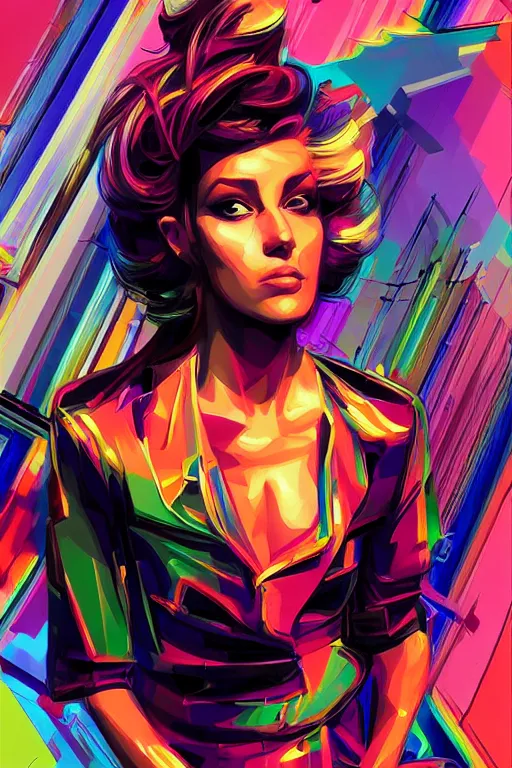 Image similar to wideangle portrait, digital painting, an beautiful, crazy hacker girl, madness, decoherence, synthwave, glitch!!, fractured reality, refraction, realistic, hyperdetailed, concept art, art by syd mead, cubism