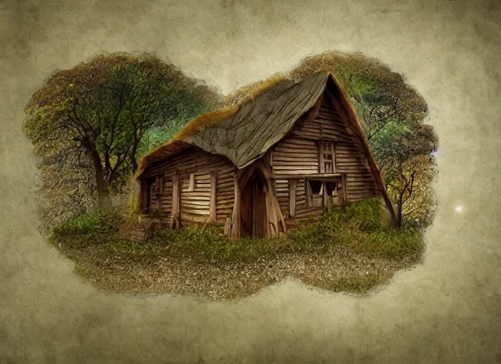 Image similar to simple folk art, house in the wood, mystical, lowbrow, matte painting, 3 - d highly detailed, in the style of ammi phillips,