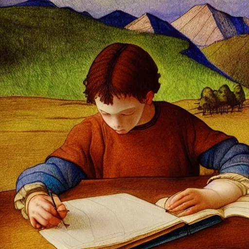 Image similar to brunette boy with his eyes closed, drawing sketches on his notebook, colorful painting, elegant, clear, in the style of leonardo da vinci, mountains in the background, masterpiece,