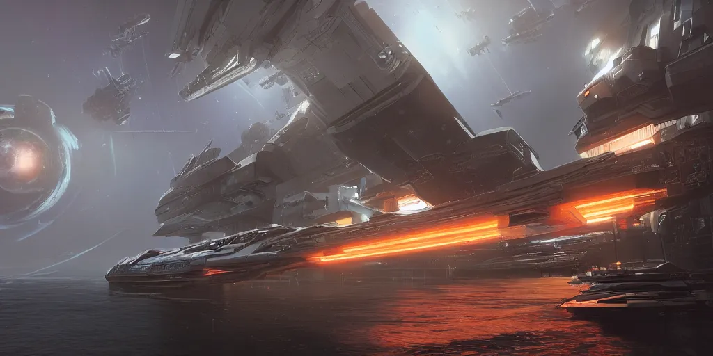 Prompt: cyberpunk cargo ship strongly resembling industrial spaceship design concept art in space, by david levy, eve online, elite dangerous, artstation, concept art, highly detailed, rule of thirds, dynamic lighting, cinematic, detailed, magnificiant landscape, denoised, octane render, 3 d, cinema 4 d