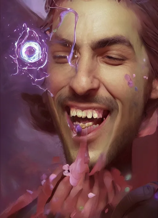 Image similar to character concept portrait of an attractive young laughing Spanish wizard with pink skin conjuring a love spell, a floating iridescent spell book in the center, intricate, elegant, digital painting, concept art, smooth, sharp focus, illustration, from Metal Gear, by Ruan Jia and Mandy Jurgens and William-Adolphe Bouguereau, Artgerm