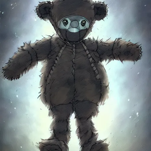 Prompt: little boy wearing an cyborg bear suit, artwork in kentaro miura and made in abyss, smooth, beautiful lightness, anatomically correct, trending on pixiv