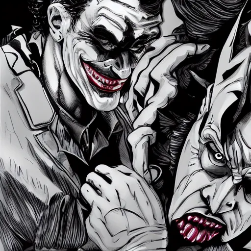 Prompt: digital art of the batman and the joker dancing, highly detailed, trending on artstation, hyper detailed, detailed faces