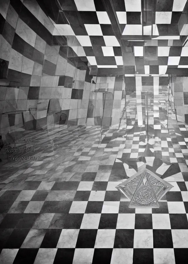 Image similar to interior of a masonic temple, black and white checkered floor, photography, symmetry