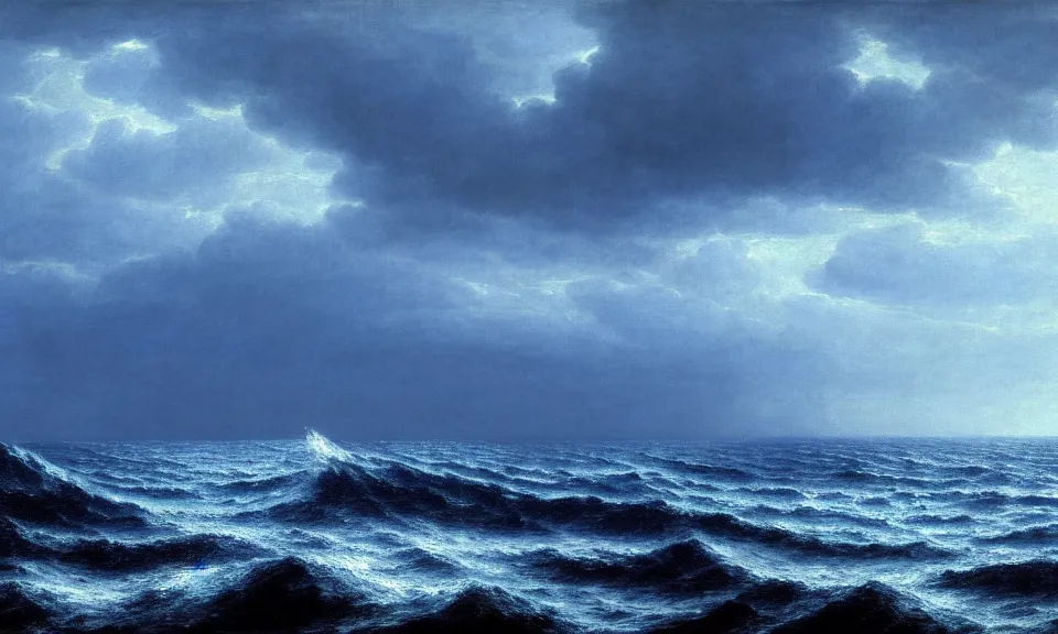 Prompt: a cinematic hyperrealism highly detailed photograph of blue ocean, by caspar david friedrich, trending on artstation