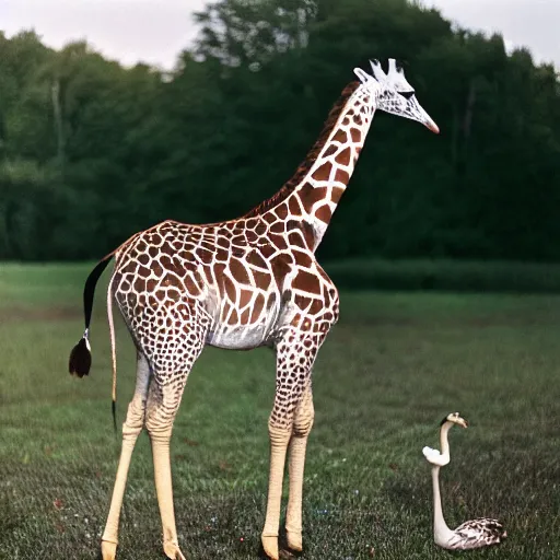 Image similar to a portra 800 photograph of a hybrid between a giraffe and a swan