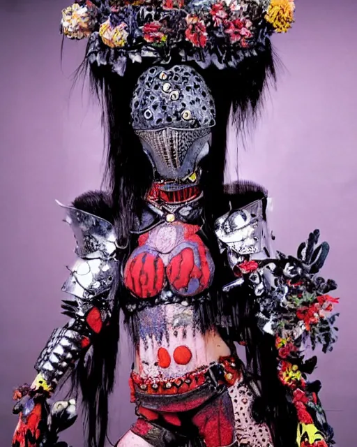 Image similar to portrait of a skinny punk goth yayoi kusama wearing armor by simon bisley, john blance, frank frazetta, fantasy, thief warrior, floral flowers colorful