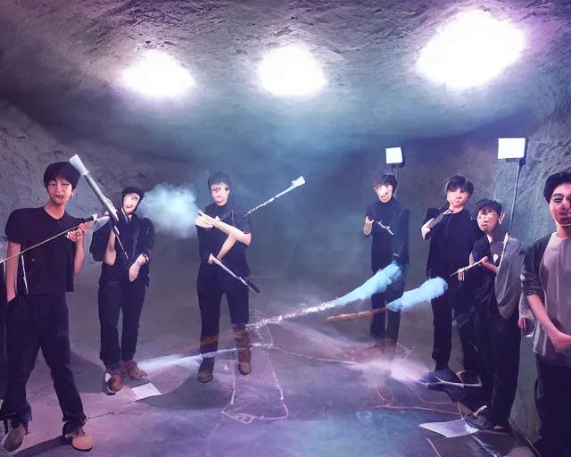 Image similar to neolithic cave gig, generic kpop boy band, lasers, light sabers, blaster pistols, smoke machine, cdx