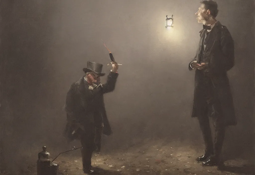 Image similar to victorian man smoking a cigarette, jakub rozalski, high detail, dramatic lighting, night