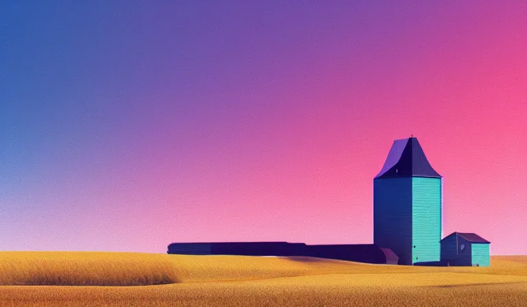 Image similar to a beautiful, sharp focus, and immaculate overcast grain elevator on the palouse. vaporwave ombre rendering. outrun style. trending on artstation. recommended for you behance. by chris moore. by edward hopper. beeple colors. ambient occlusion. digital matte painting. metropolis filmic. gotham city.