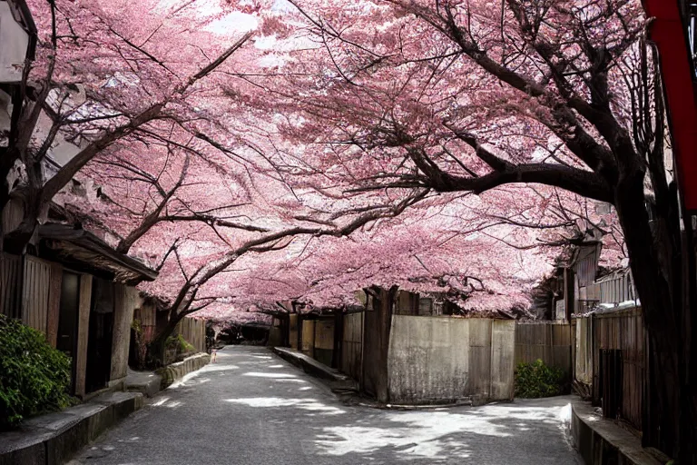 Image similar to beautiful Japanese alleyway with sakura trees by Vincent Di Fate, rule of thirds, beautiful, sharp focus