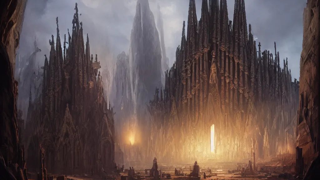 Prompt: landscape view of an obsidian Sagrada Família cathedral with a giant obsidian door, in the elemental plane of earth, Dungeon and Dragon illustration, painted by Greg Rutkowski, 4k, trending on ArtStation