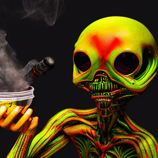 Image similar to alien smoking weed and getting high with, rips bong, raggae art, # 4 2 0, # smokeweedeveryday, rasta, 3 d art, octane render, matte, raytracing, intricate digital painting