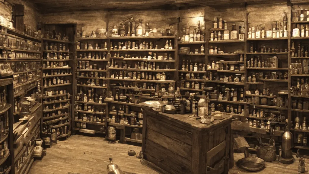 Image similar to 12th century apothecary shop, film still from the game skyrim, wide lens