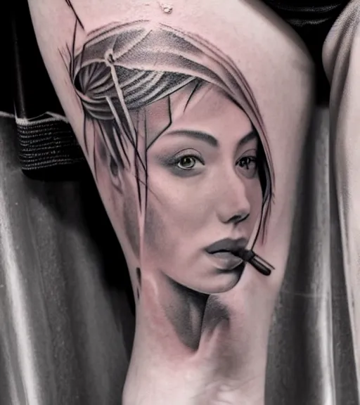 Prompt: tattoo design on white background of a beautiful girl warrior, hyper realistic, realism tattoo, by eliot kohek