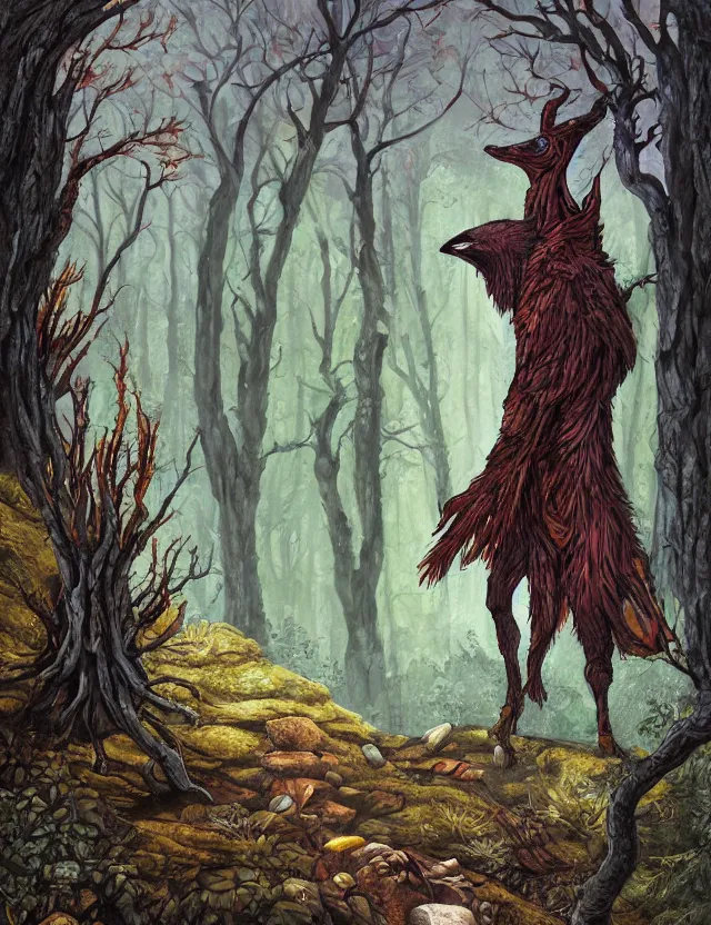 Prompt: capercaillie blood mage in the lichen woods. this heavily stylized oil painting by the award - winning comic artist has interesting color contrasts, plenty of details and impeccable lighting.