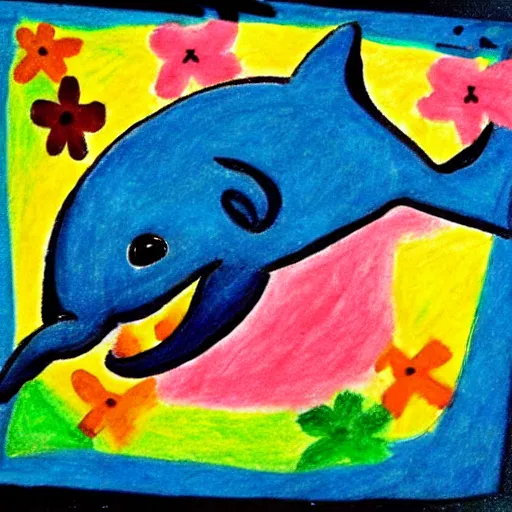 Prompt: child's crayon drawing of a dolphin in the style of mexican folk art