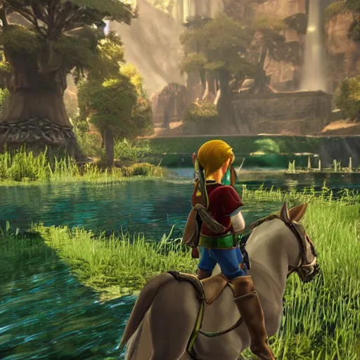 Image similar to The Legend of Zelda Twilight Princess rendered in Unreal Engine 5 ultra high graphics ray tracing in game promotional screenshots moblins, link, epona, ganondorf, Zelda moody, photorealistic