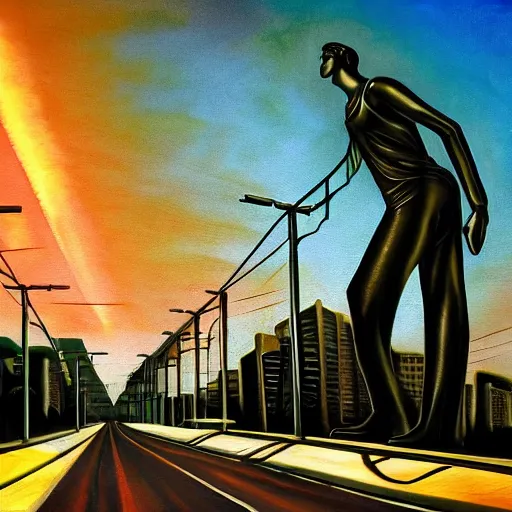 Image similar to ups deliveryman walking aline, glum feeling, down art deco highway, goliath statue support beams, ayn rand raised highway, filiment buld traffic lights, golden light, dark oil painting, global illumination