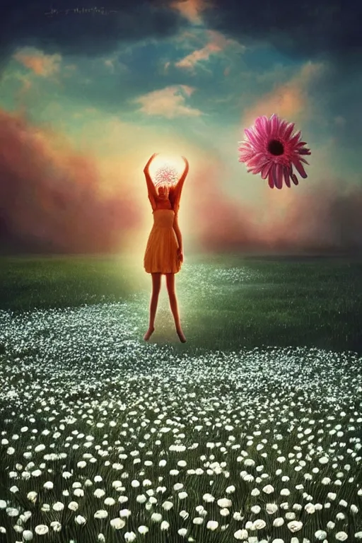 Prompt: giant white daisy flower as head, two legged girl dancing in a flower field, surreal photography, sunrise, dramatic light, impressionist painting, colorful clouds, digital painting, artstation, simon stalenhag