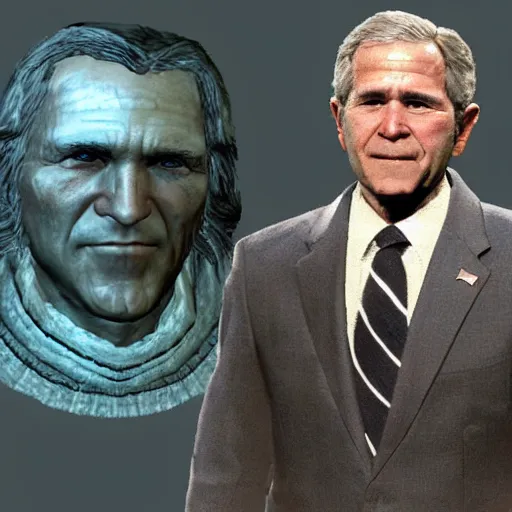 Image similar to “ george w bush as a skyrim npc, with dialogue options, in - game screenshot ”