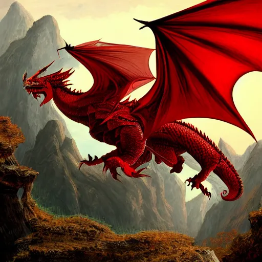 Prompt: red dragon flying in mountain landscape, illustration, epic, fantasy, intricate, hyper detailed, artstation, concept art, smooth, sharp focus, rj palme