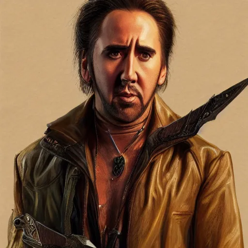 Prompt: portrait of a young Nicolas Cage thief with daggers, D&D, fantasy, intricate, cinematic lighting, highly detailed, digital painting, artstation, concept art, smooth, sharp focus, illustration, art by Hajime Sorayama