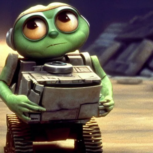 Prompt: wall - e playing the role of yoda in star wars 1 9 8 0