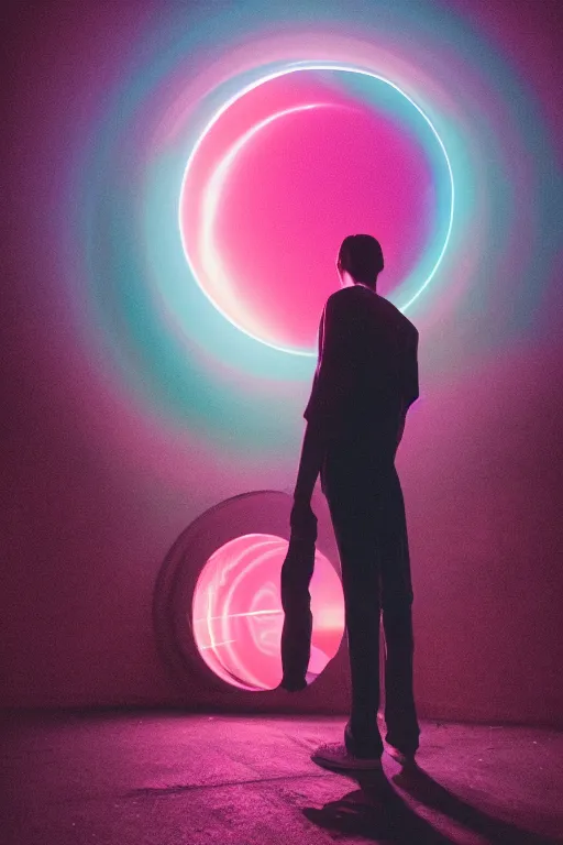 Prompt: kodak ultramax 4 0 0 photograph of a skinny guy looking into a bright otherworldly swirling glowing portal, back view, vaporwave colors, grain, moody lighting, moody aesthetic,