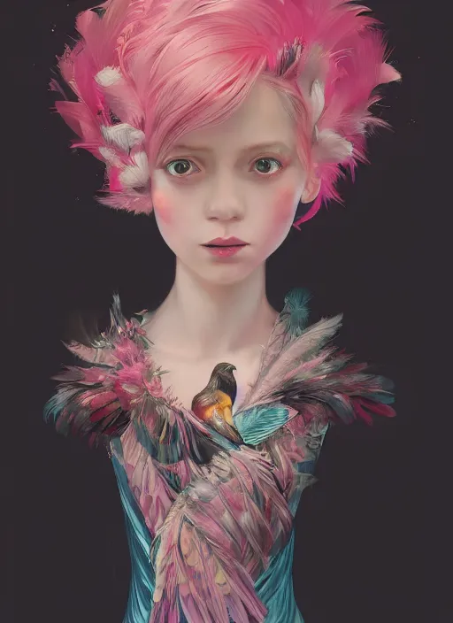 Prompt: beautiful little girl with an pink eccentric haircut wearing an dress made of feathers dancing on stage, artwork made by ilya kuvshinov, inspired in donato giancola, hd, ultra realistic, reflection, flowers, light, realistic face, bird tattoo, trending on pixiv, 8 k, ray tracing