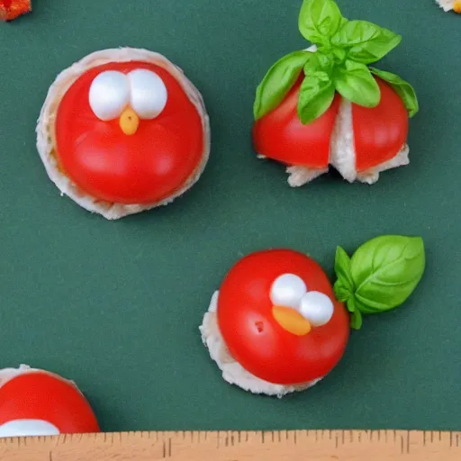 Image similar to disney character of a tomato who is riding on a mozzarella ball, basil flying