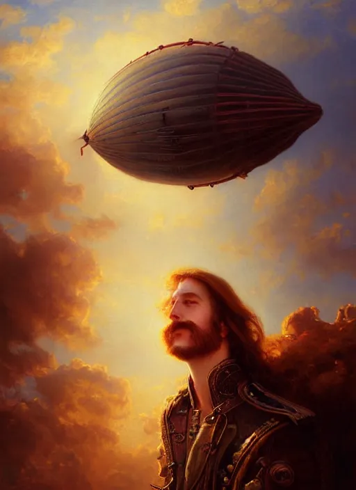 Image similar to portrait painting of a handsome face rugged long hair crimson hair male capitain, top half portrait soft hair steampunk ornate mechanical zeppelin blimp airship in the background sky sunset golden hour fantasy soft hair deviantart book cover art dramatic volumetric lighting art by wlop greg rutkowski gaston bussiere