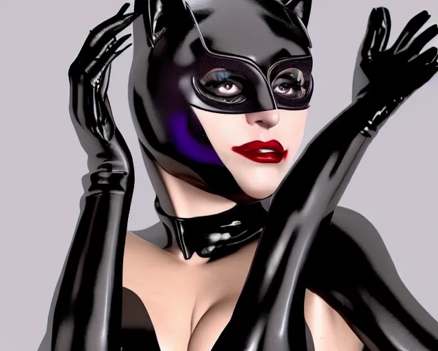 Image similar to Lady GaGa As Catwoman , Playboy Centerfold, Full Figure, 8K, octane render, HDR, photorealistic, volumetric lighting, Hyperrealistic-H 960