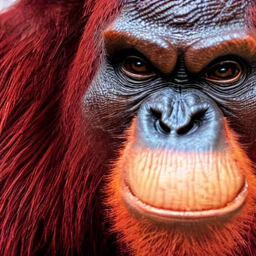 Image similar to demonic balrog orangutan, close up of face, uh oh stinky