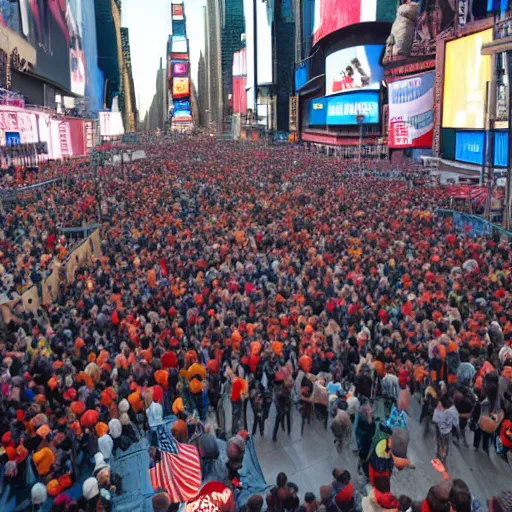 Prompt: giant foot over the crowd standing on times square, ready to squash them